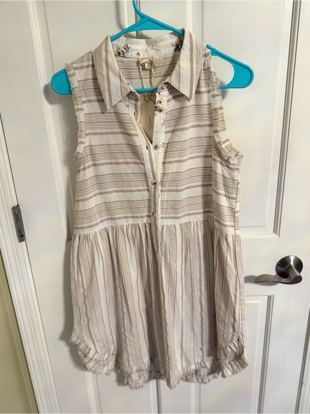 Hem & Thread Cream and Beige Striped Sleeveless Mini Dress